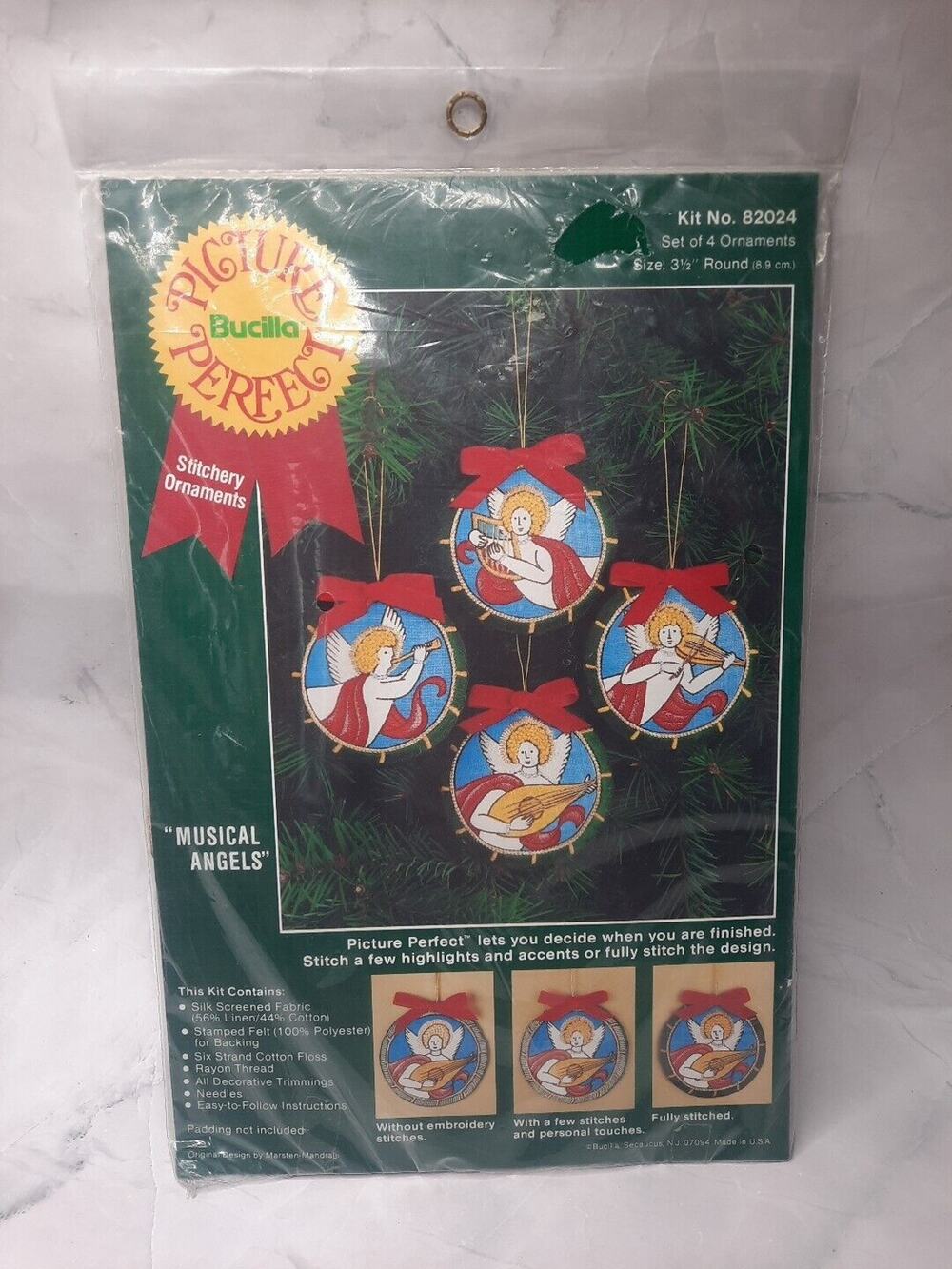 Vintage Bucilla Picture Perfect Stitchery Ornaments Musical Angels Set of 4